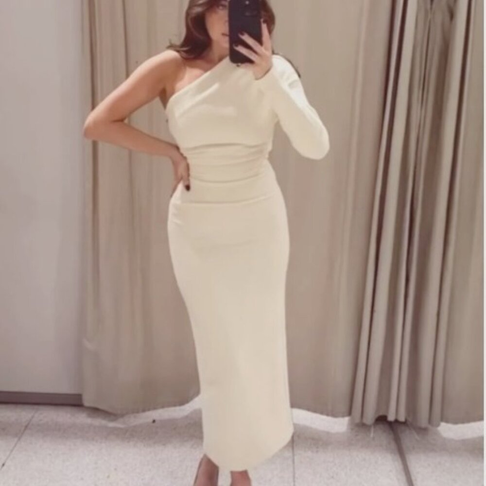 NEW ZARA 2023 MIDI TEXTURED ASYMMETRIC DRESS BEIGE SIZE L NWT RARE FIND